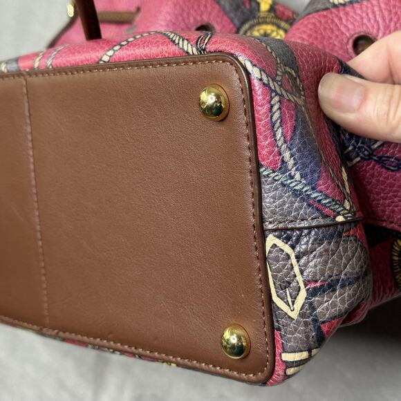 Talbots Leather Bucket Bag Womens Brown Red Equestrian Print Drawstring Shoulder - Picture 6 of 15